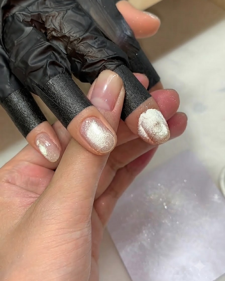 Une main avec des paillettes saupoudrées sur des lignes de gel humides sur un ongle.