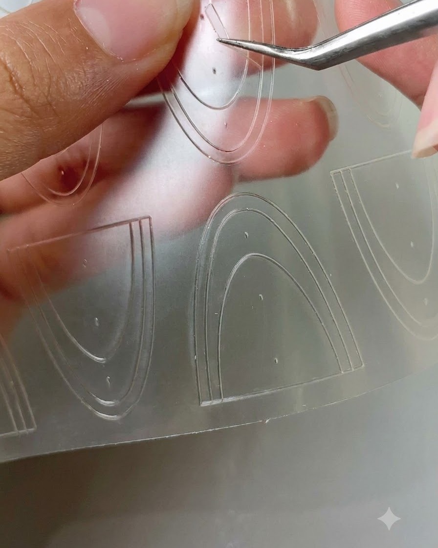 Une paire de brucelles soulevant un sticker guide incurvé pour French tip dune feuille transparente.