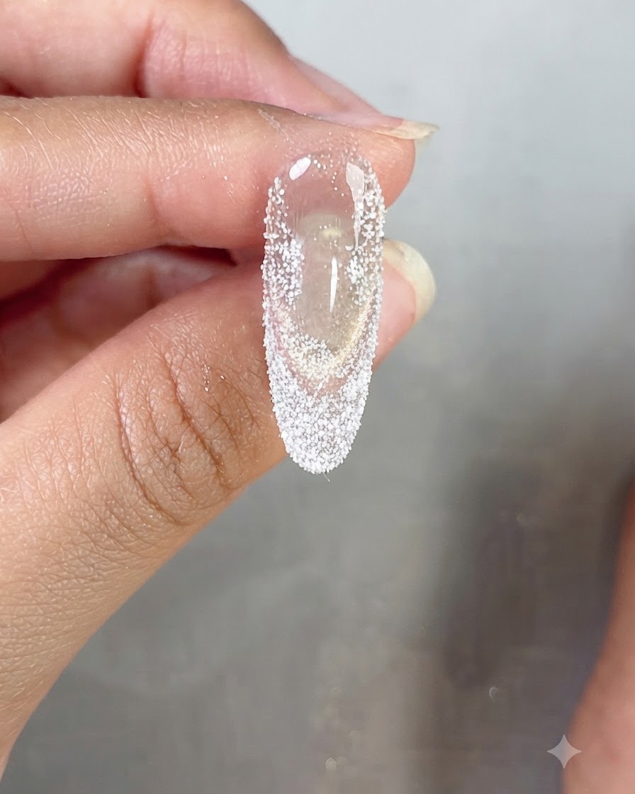 Gros plan dun ongle montrant un revêtement dense de poudre pailletée blanche formant une French tip.