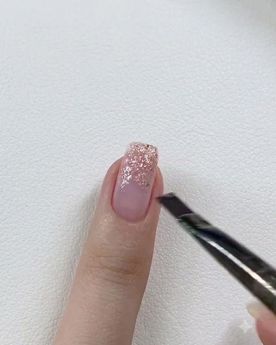 Une petite mini lampe torche UV/LED faisant catalyser du gel pailleté appliqué sur un ongle, posé sur une table blanche.