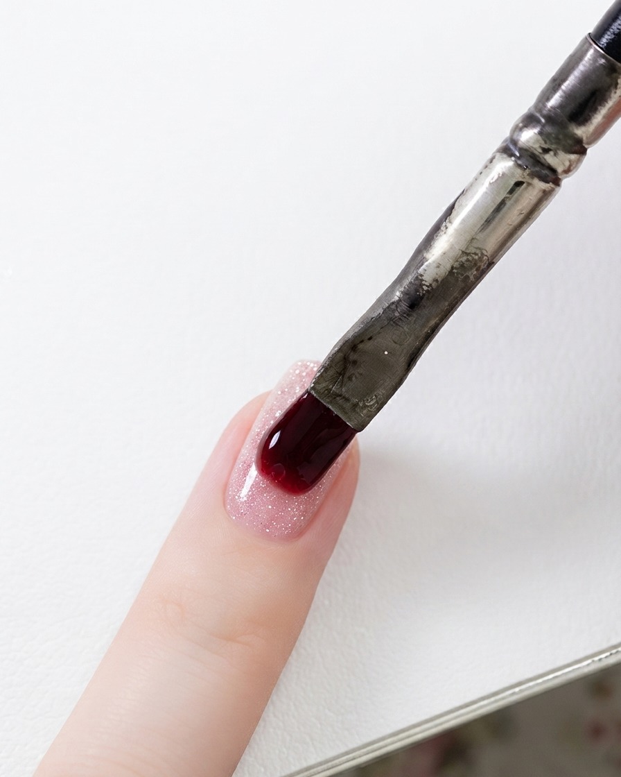 Un pinceau à gel tenant une bille de gel de construction transparent et la déposant sur un ongle à paillettes roses.