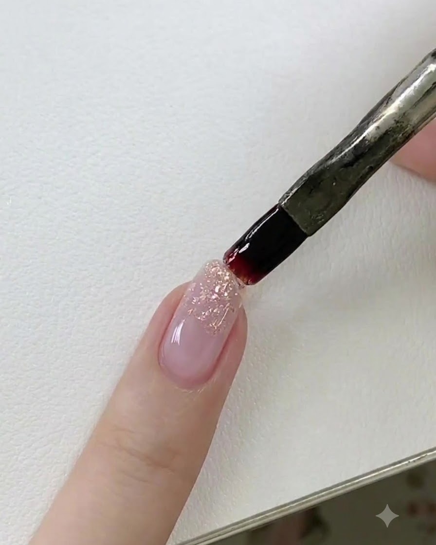 Un pinceau à gel lissant le gel de construction sur un ongle avant dinverser le doigt pour catalyser sous une lampe.
