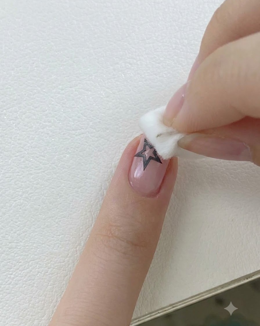 Gros plan sur un doigt avec un sticker étoile noire sur longle, tandis quun petit applicateur-éponge tapote du vernis gel rose autour des bords.