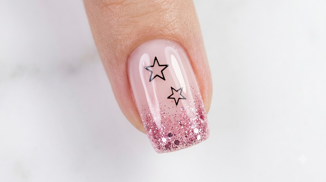 Gros plan sur un ongle carré doté dun dégradé de paillettes roses sestompant vers les cuticules, agrémenté de deux stickers détoiles noires et dune finition ultra-brillante.