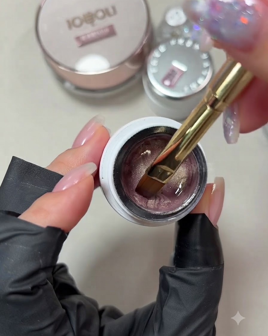 Vue rapprochée dun pinceau à gel plongeant dans un pot de vernis œil de chat rose champagne pâle.