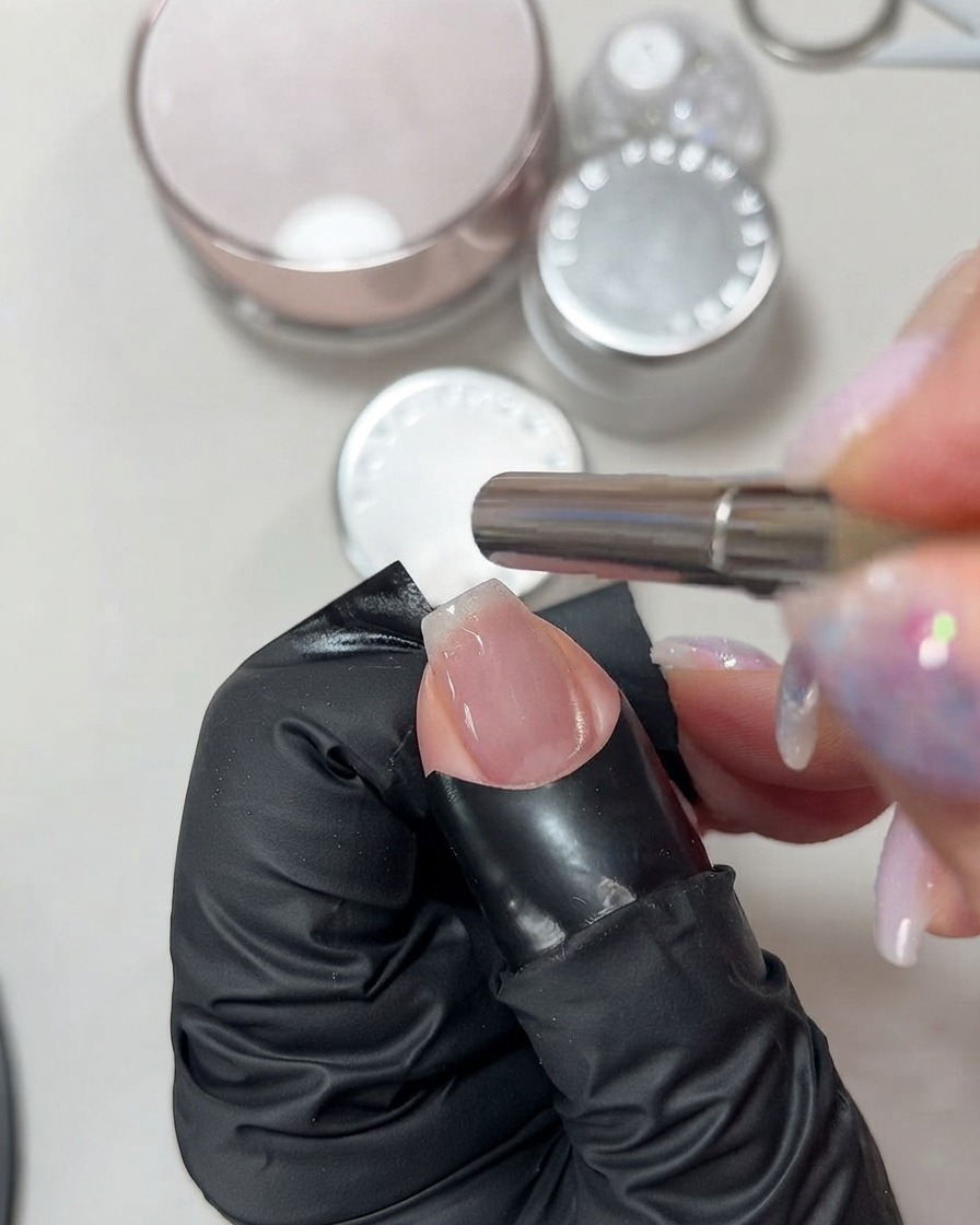 Une main tenant un aimant cylindrique au-dessus dun ongle recouvert de gel œil de chat rose humide pour manipuler les reflets.