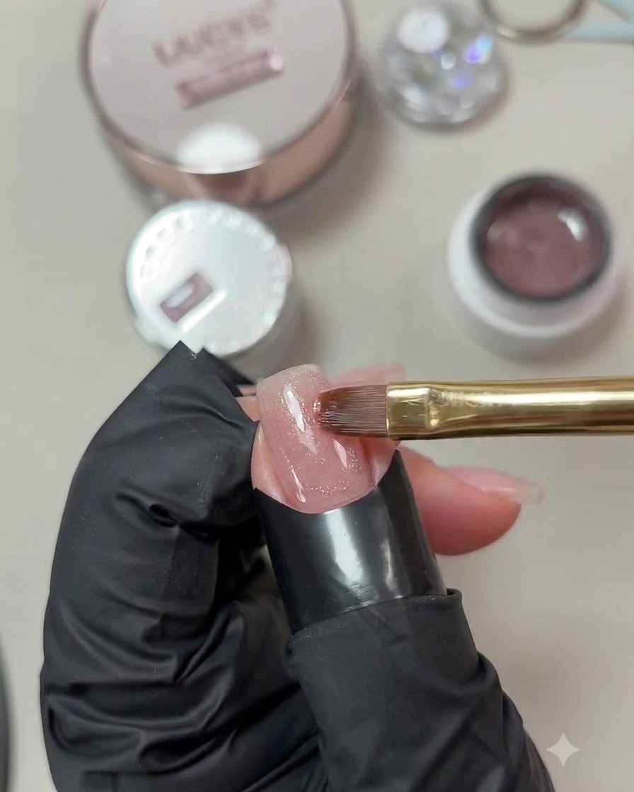 Un pinceau plat appliquant une fine couche de vernis gel œil de chat rose scintillant sur un ongle partiellement terminé.