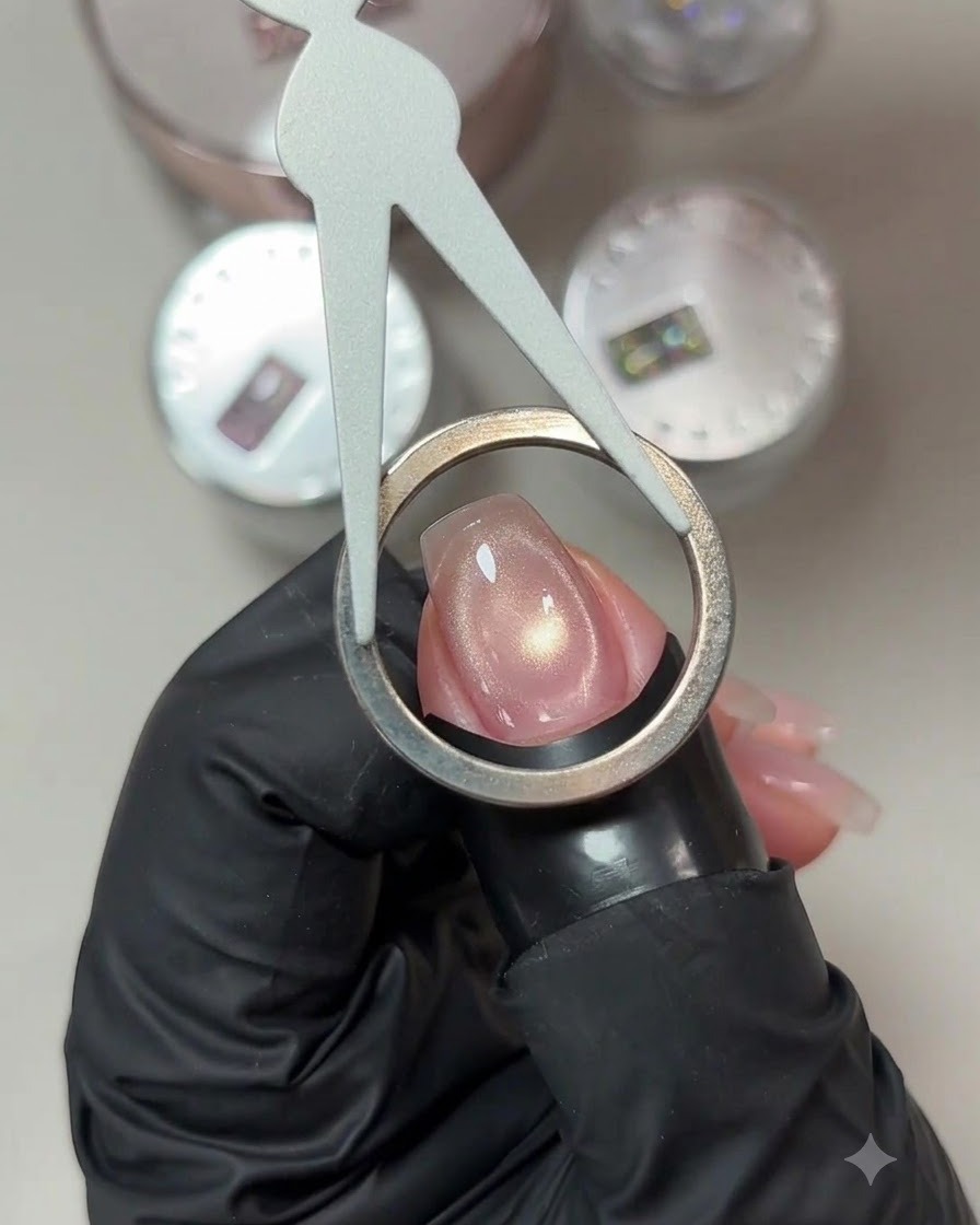 Un aimant circulaire tenu au-dessus dun ongle en gel œil de chat rose pour créer un effet de scintillement en halo.