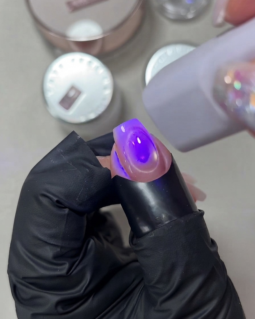 Une mini-lampe UV LED portable violette catalysant un ongle vernis au gel sous une lumière directe.
