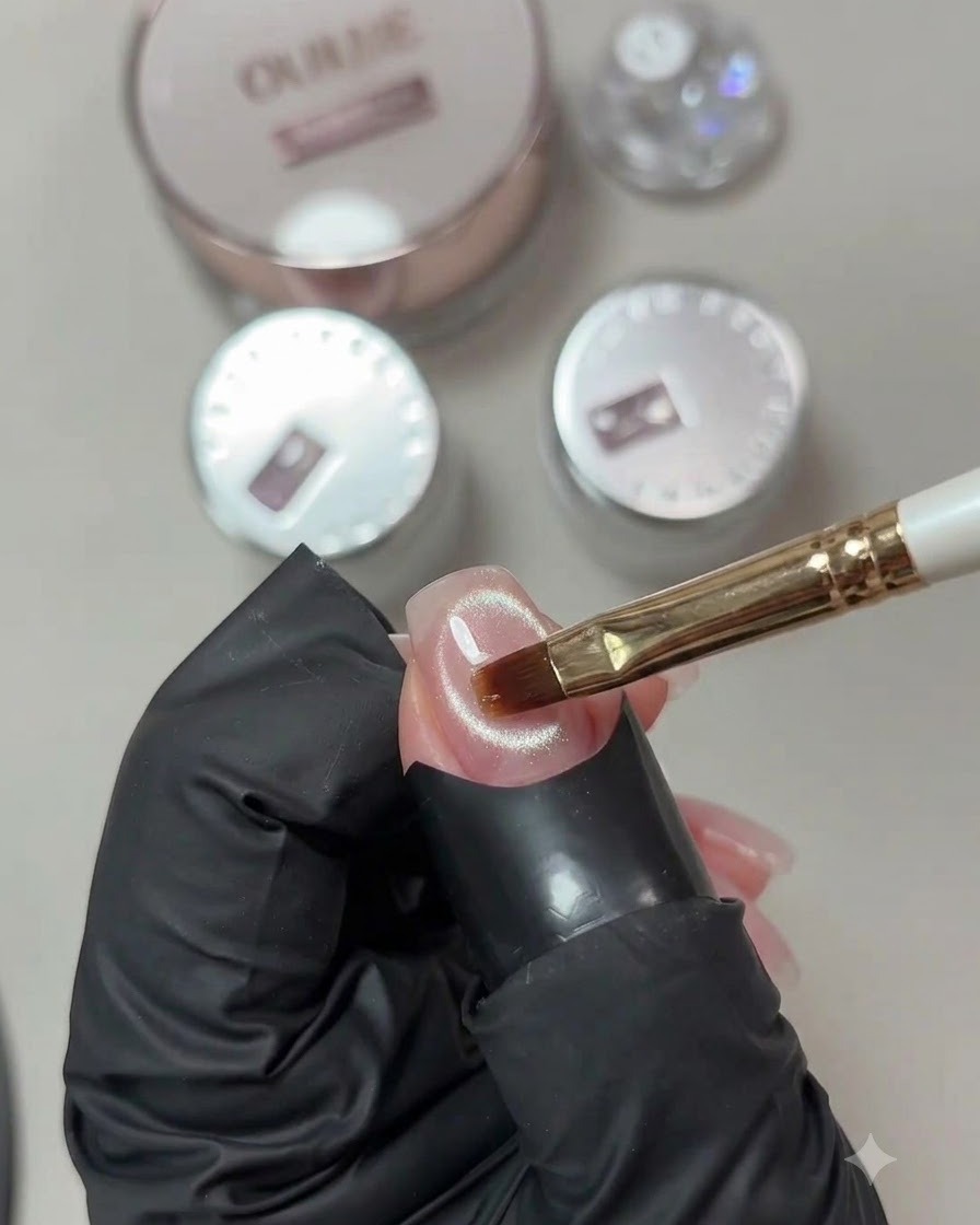 Un pinceau appliquant une couche transparente de gel de renforcement sur la surface finie dun ongle œil de chat.