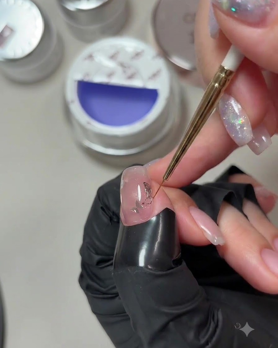 Gros plan utilisant un pinceau liner fin pour lisser et niveler le gel de construction sur les bords dun ongle manucuré.