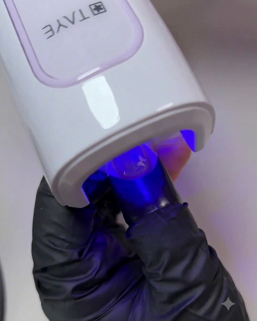Une main à lintérieur dune lampe à ongles blanche UV/LED catalysant la dernière couche de finition brillante.