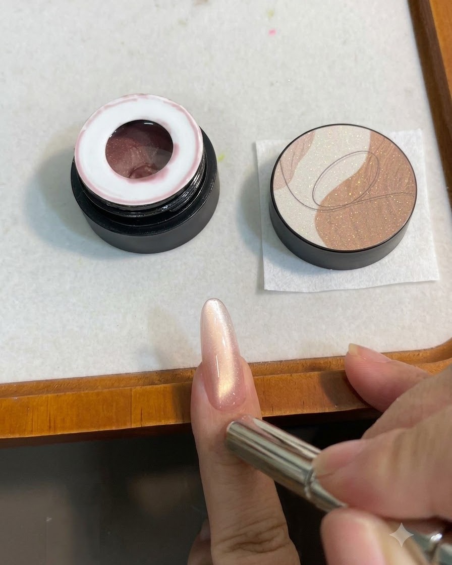 Un aimant cylindrique survolant un ongle en amande peint avec un gel œil-de-chat scintillant rose-or, attirant une ligne lumineuse.