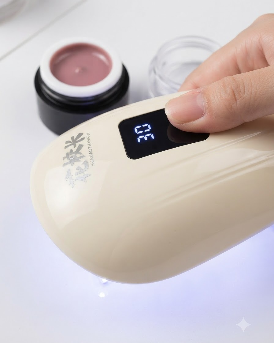 Un doigt en train de durcir sous une lampe UV/LED portable, fixant la couche de gel œil-de-chat.