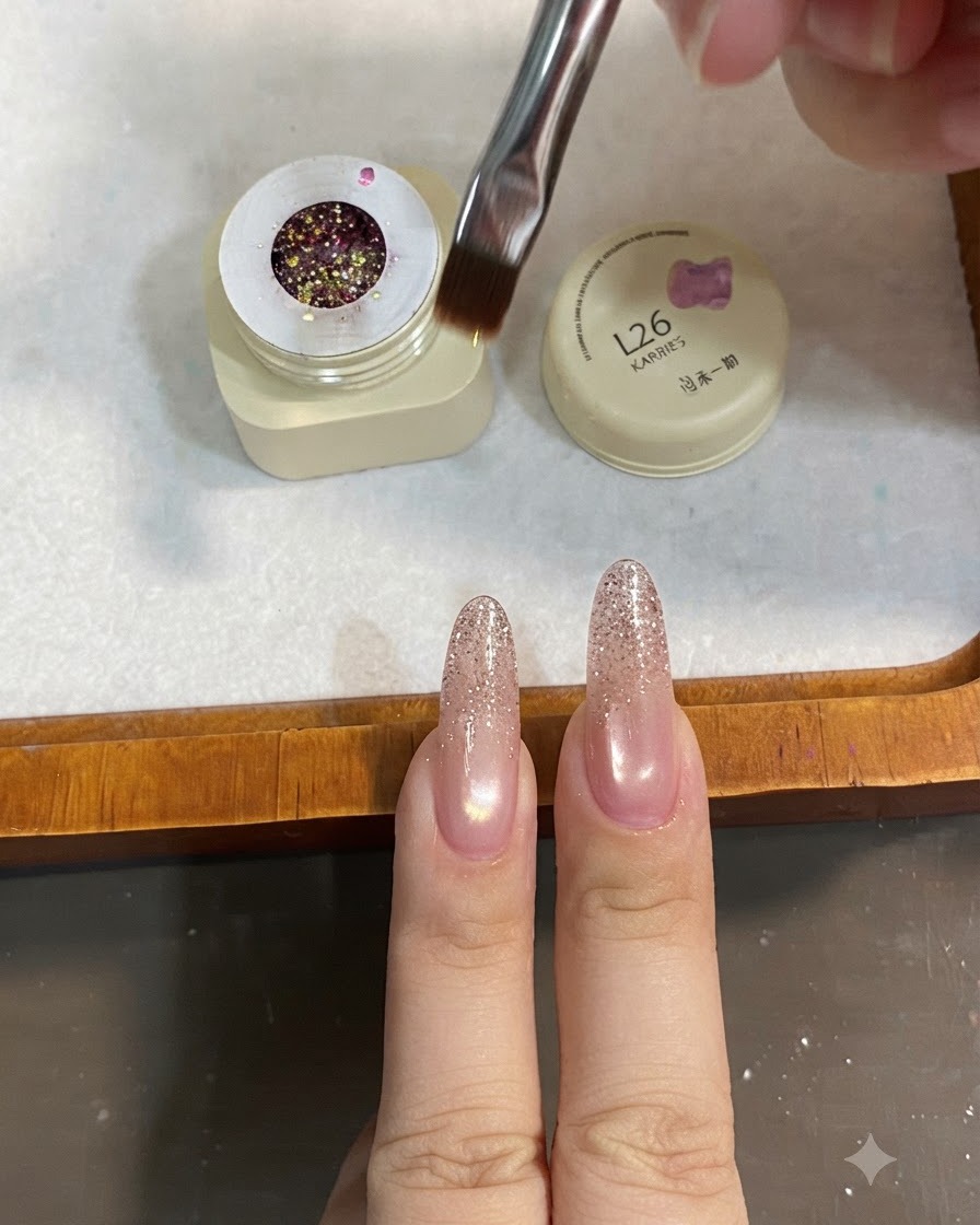 Un pinceau à gel plongeant dans un pot ouvert de gel de sequins mixtes roses et dorés.