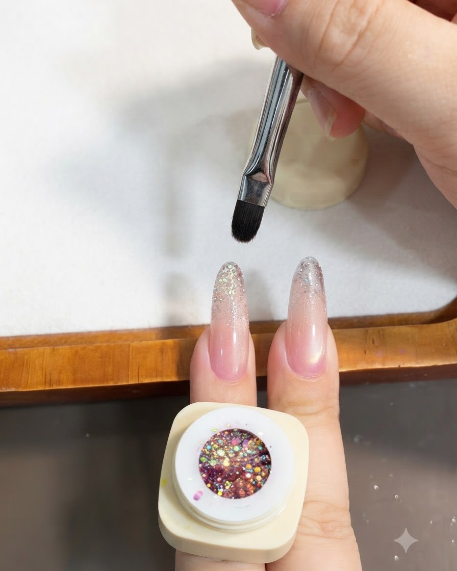 Un pinceau à gel déposant des sequins pailletés chunky sur le bout dun ongle en amande.