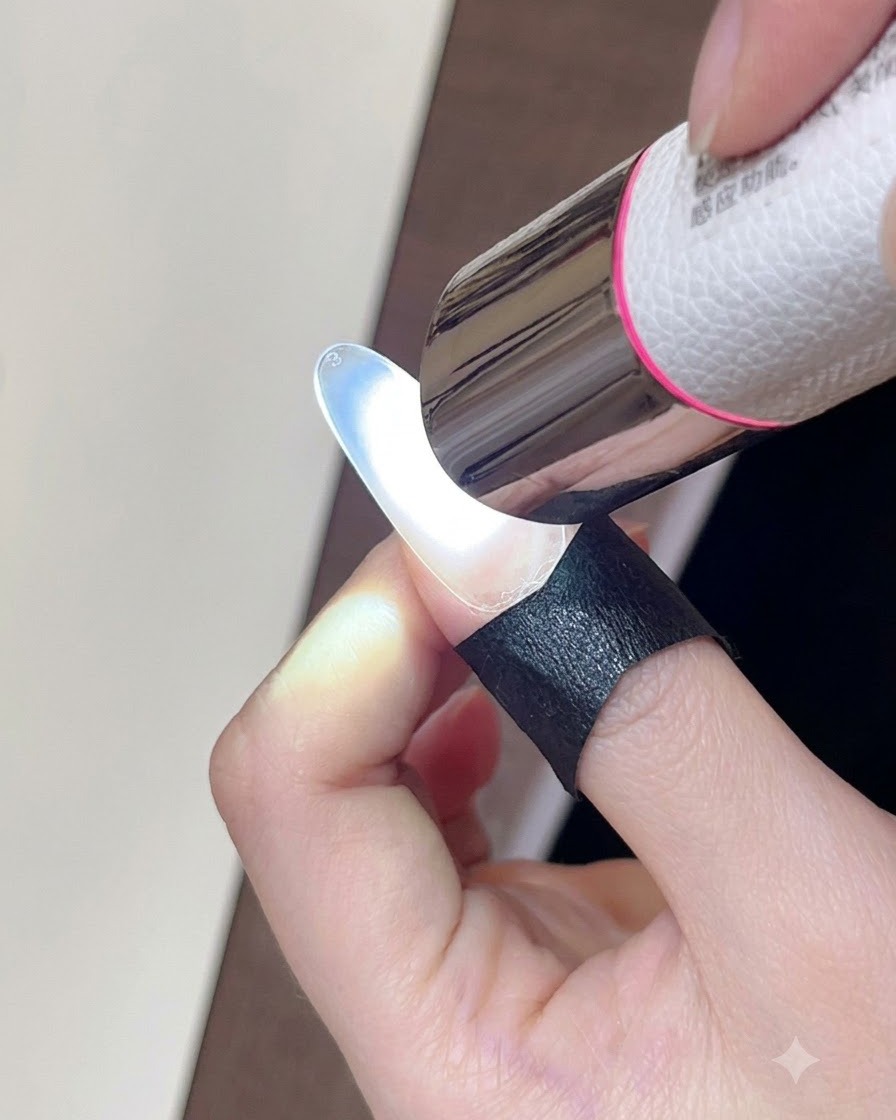 Une mini lampe UV/LED portative catalysant une couche de gel sur un onglet.