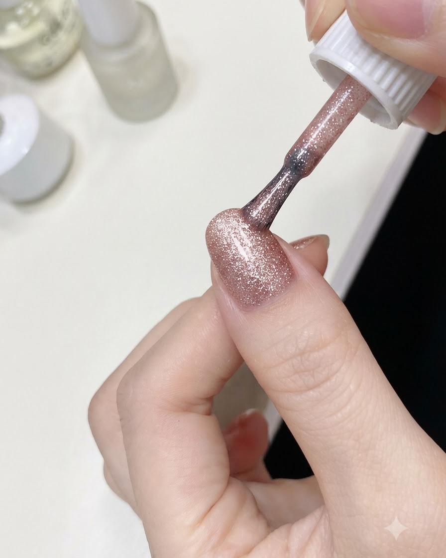 Un pinceau appliquant un gel pailleté rose scintillant sur la partie inférieure dun ongle près de la cuticule.