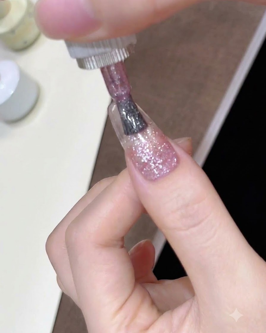 Un pinceau à ongles estompant le gel pailleté rose vers le bas pour former un dégradé sur longle.