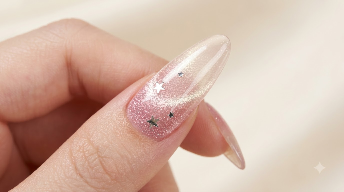 Ongle long en amande avec une base œil-de-chat rose, des sequins étoiles argentés et une finition ultra-brillante.
