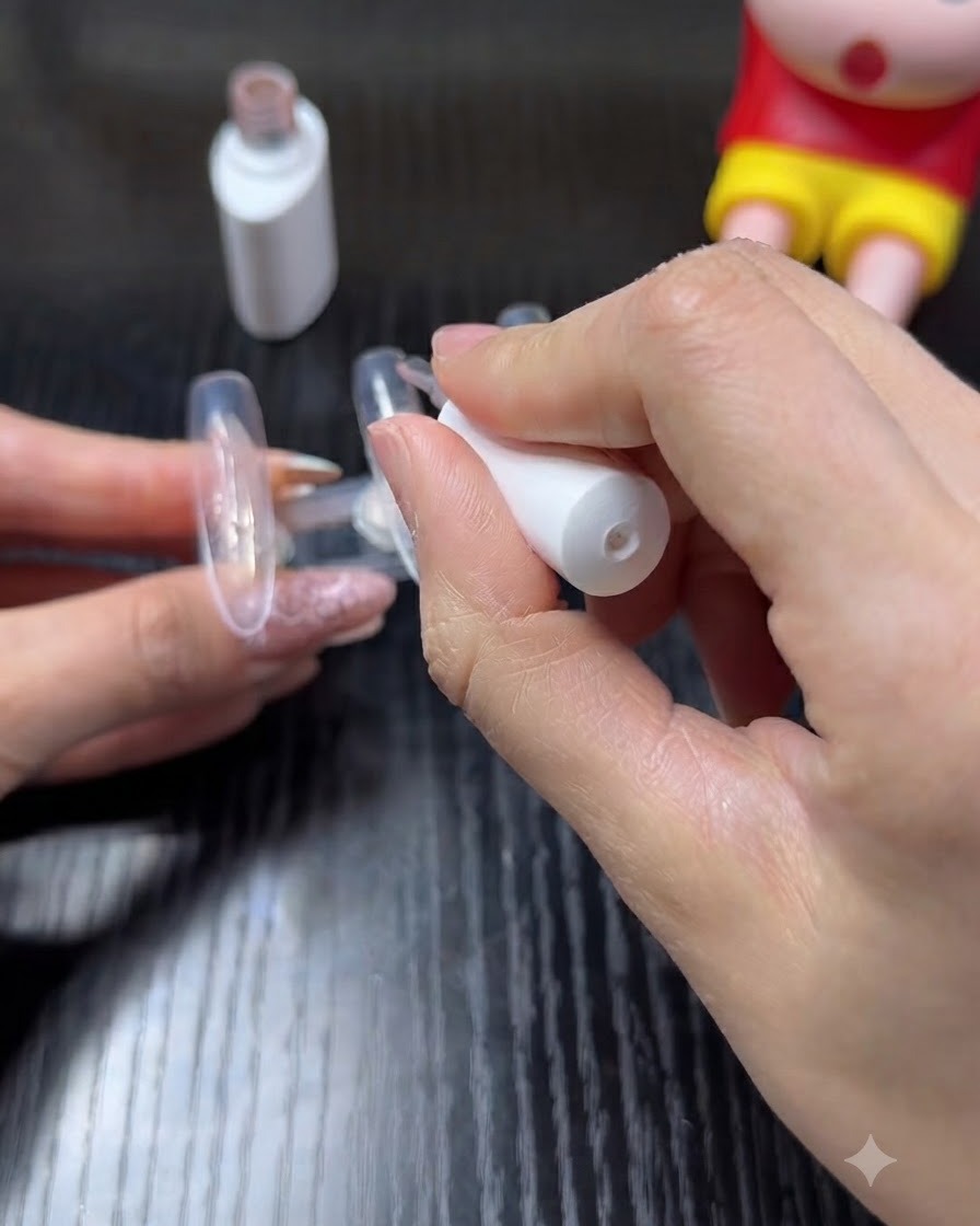 Une main utilisant un pinceau de vernis pour appliquer une couleur de base nude laiteuse sur un faux ongle transparent fixé sur un support.