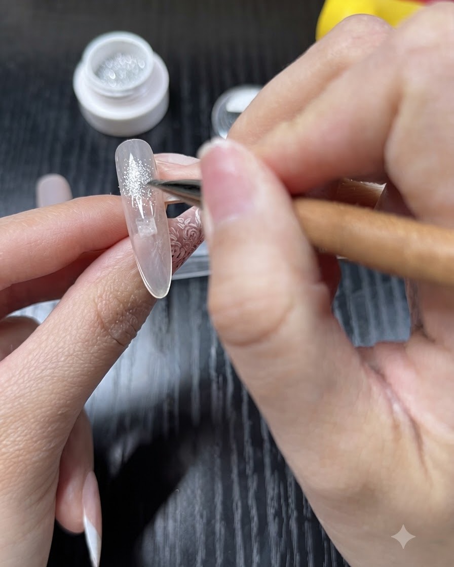 Un pinceau appliquant avec précaution des paillettes argentées fines sur longle du majeur par-dessus une base nude.