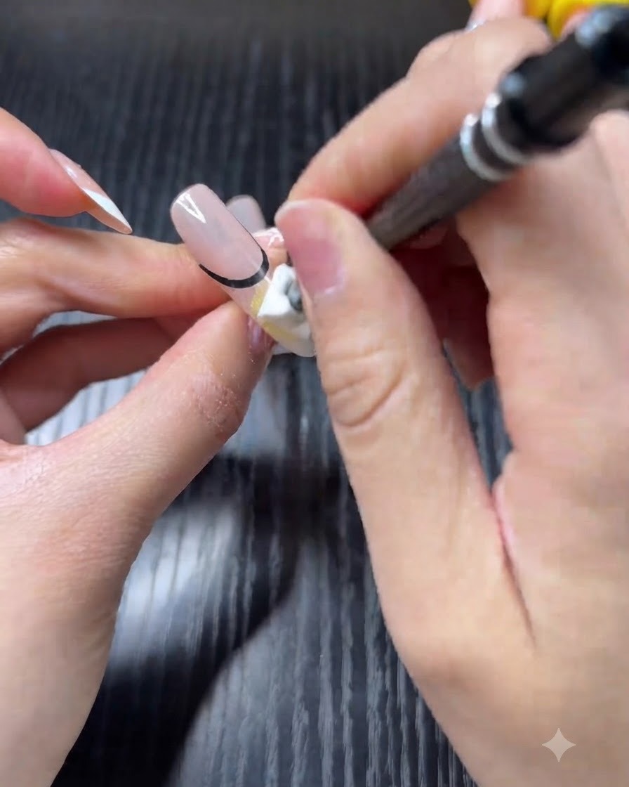 Une main utilisant un pinceau de détail pour peindre un bout French jaune citron sur un ongle à base nude.