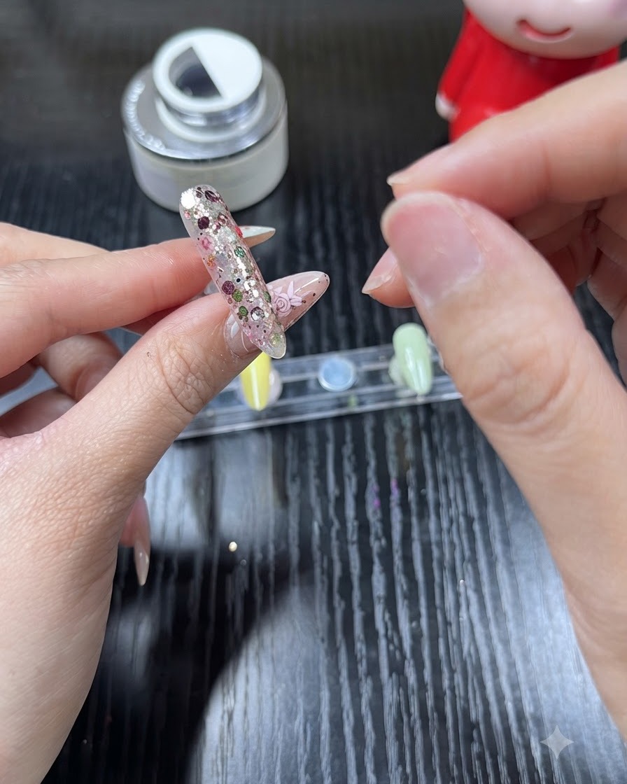 Un gros plan dune main appliquant du gel de renforcement transparent sur un ongle rempli de paillettes.