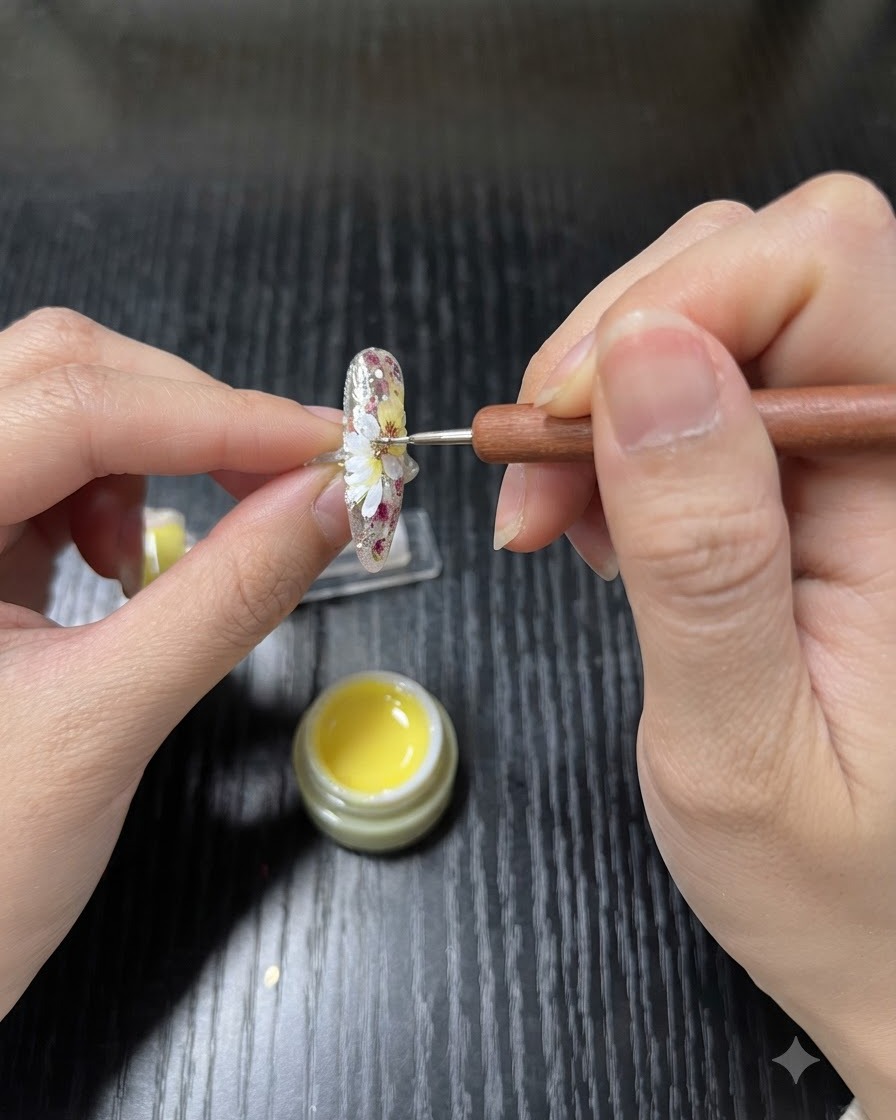 Un outil à pointer (dotting tool) appliquant du gel jaune citron au centre des pétales de marguerites blanches sur un ongle.