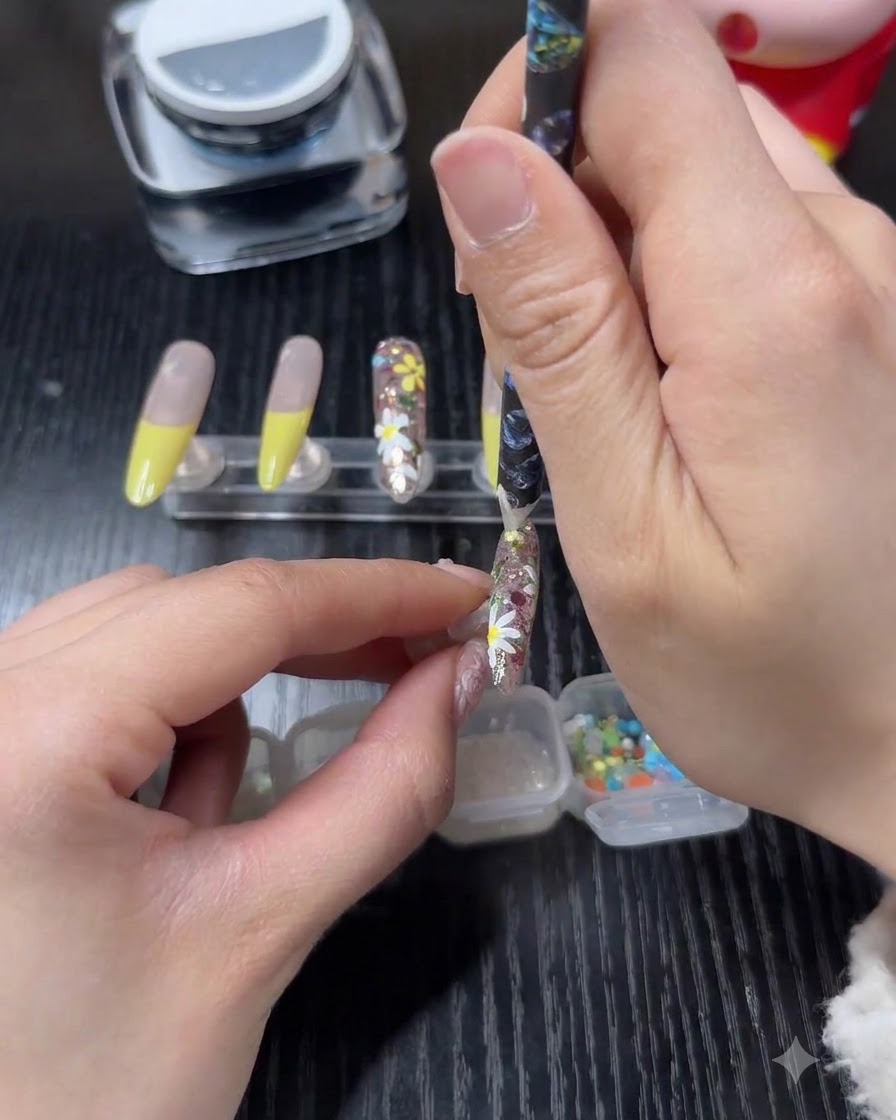 Un outil ponçant délicatement un endroit spécifique sur la surface dun ongle décoré pour préparer la pose de strass.
