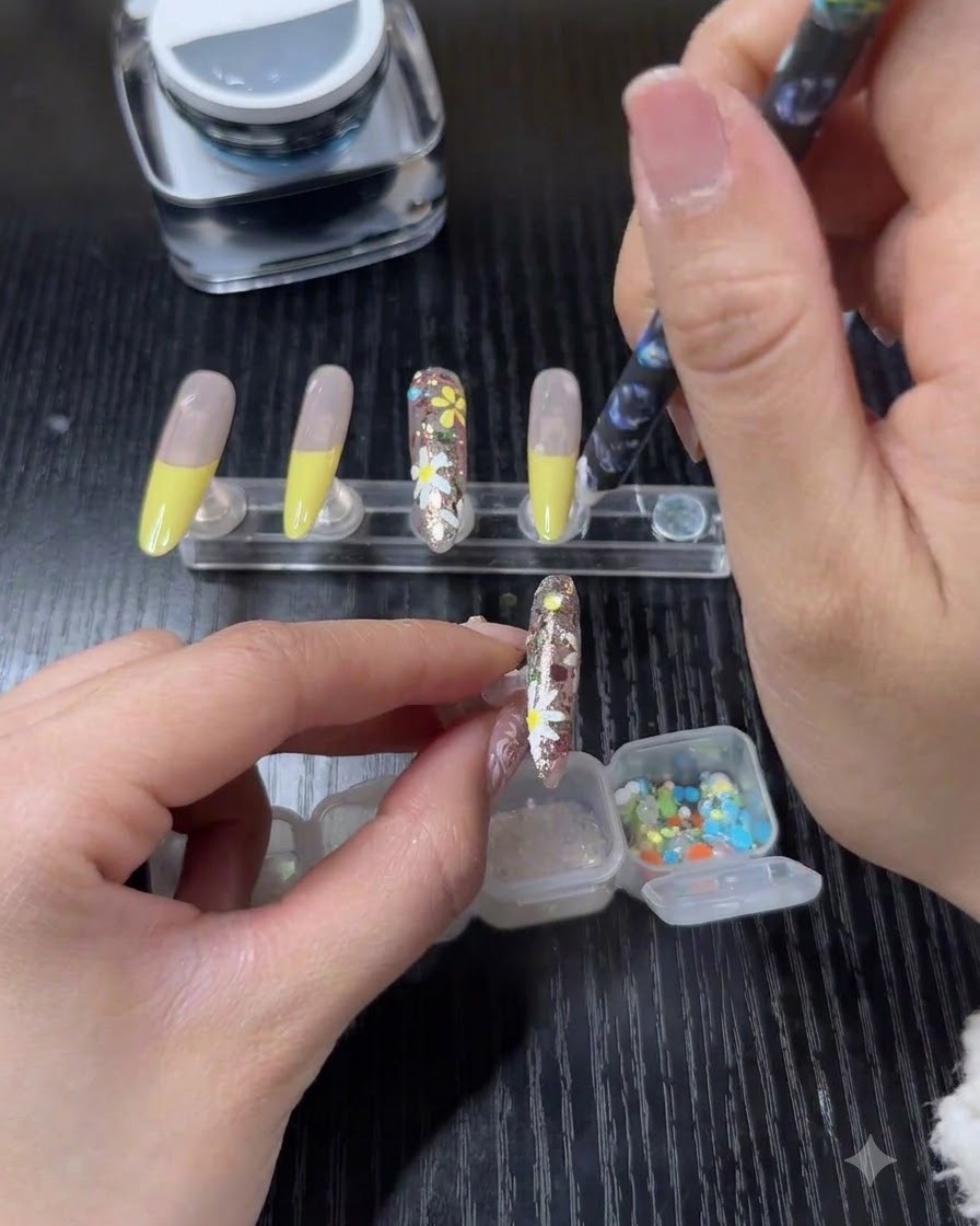 Un outil de précision positionnant de petites perles colorées et des strass superposés sur la surface de longle.