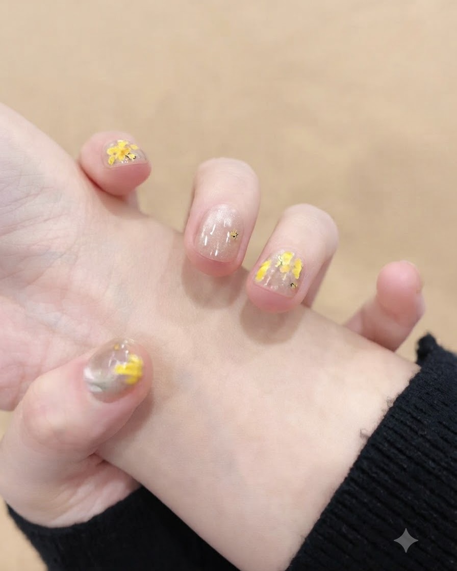 Gros plan mettant en scène des fleurs jaunes minutieusement peintes au pinceau fin sur un seul ongle.