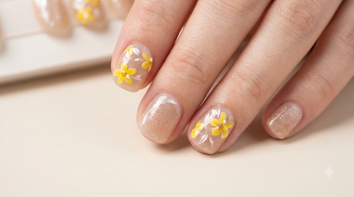 Art Ongulaire Floral Jaune sur Ongles Courts — Tutoriel Pas à Pas