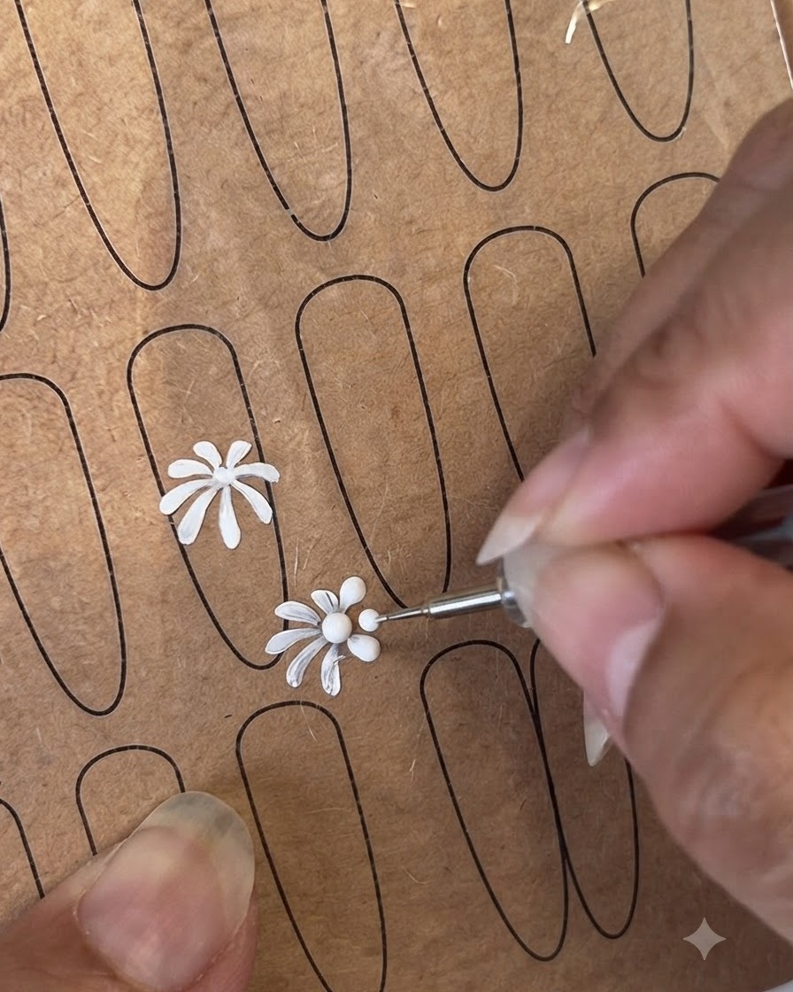 Un outil à pois et un pinceau fin créant des centres de fleurs et des pétales sur une feuille dentraînement.