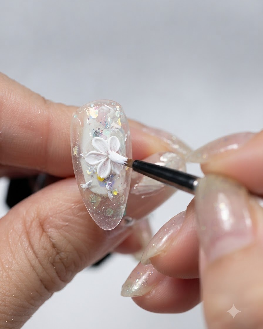 Un pinceau fin peignant un pétale de fleur détaillé en gel plâtre blanc 3D sur une capsule transparente pailletée.