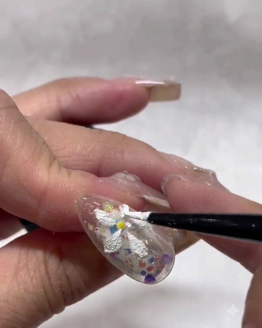 Un pinceau fin façonnant et nettoyant avec soin les bords des pétales de marguerites texturés en blanc sur un ongle.