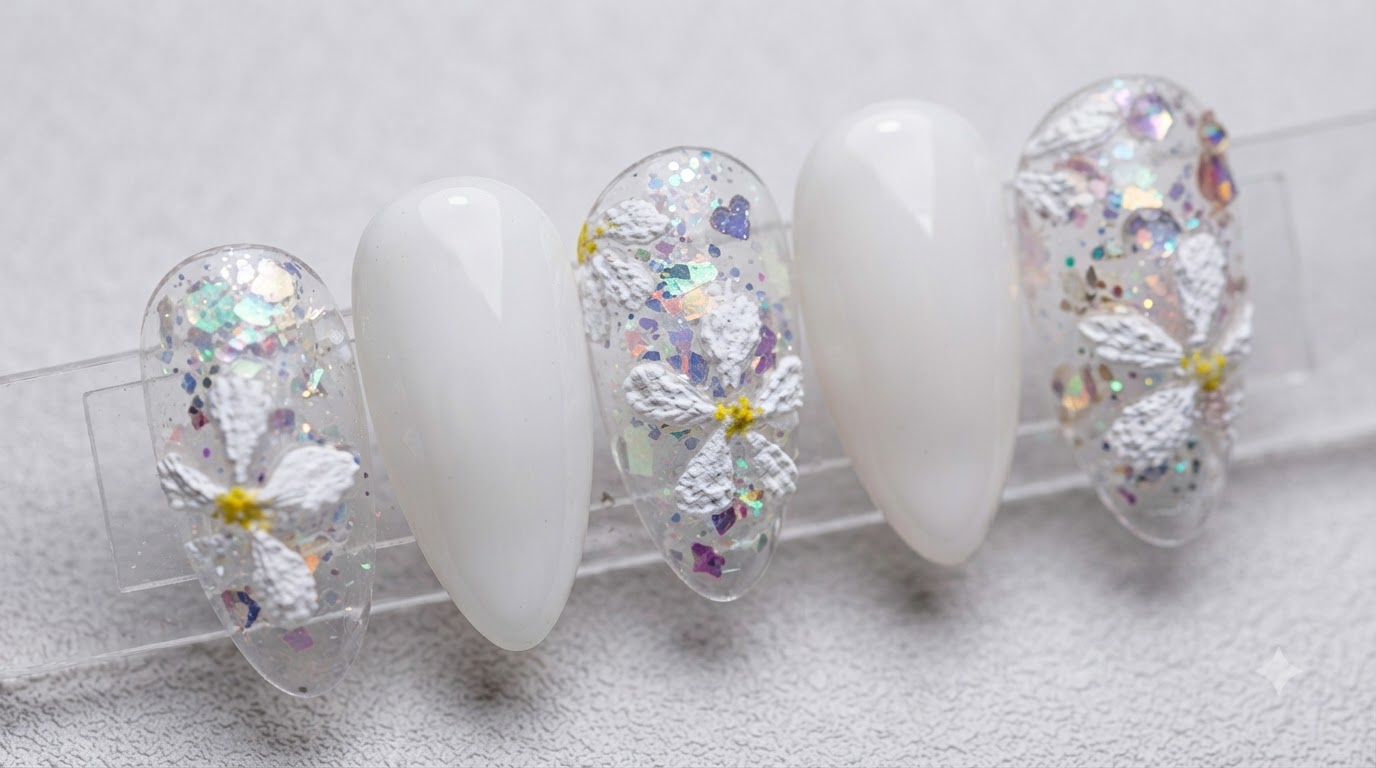 Gros plan macro dongles press-on en forme damande ornés de marguerites blanches en relief 3D sur un fond de paillettes irisées et daccents blanc laiteux.