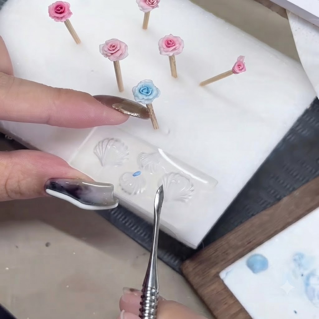 Un outil de modelage en métal aplatissant de minuscules perles de gel bleu sur un moule en silicone transparent.