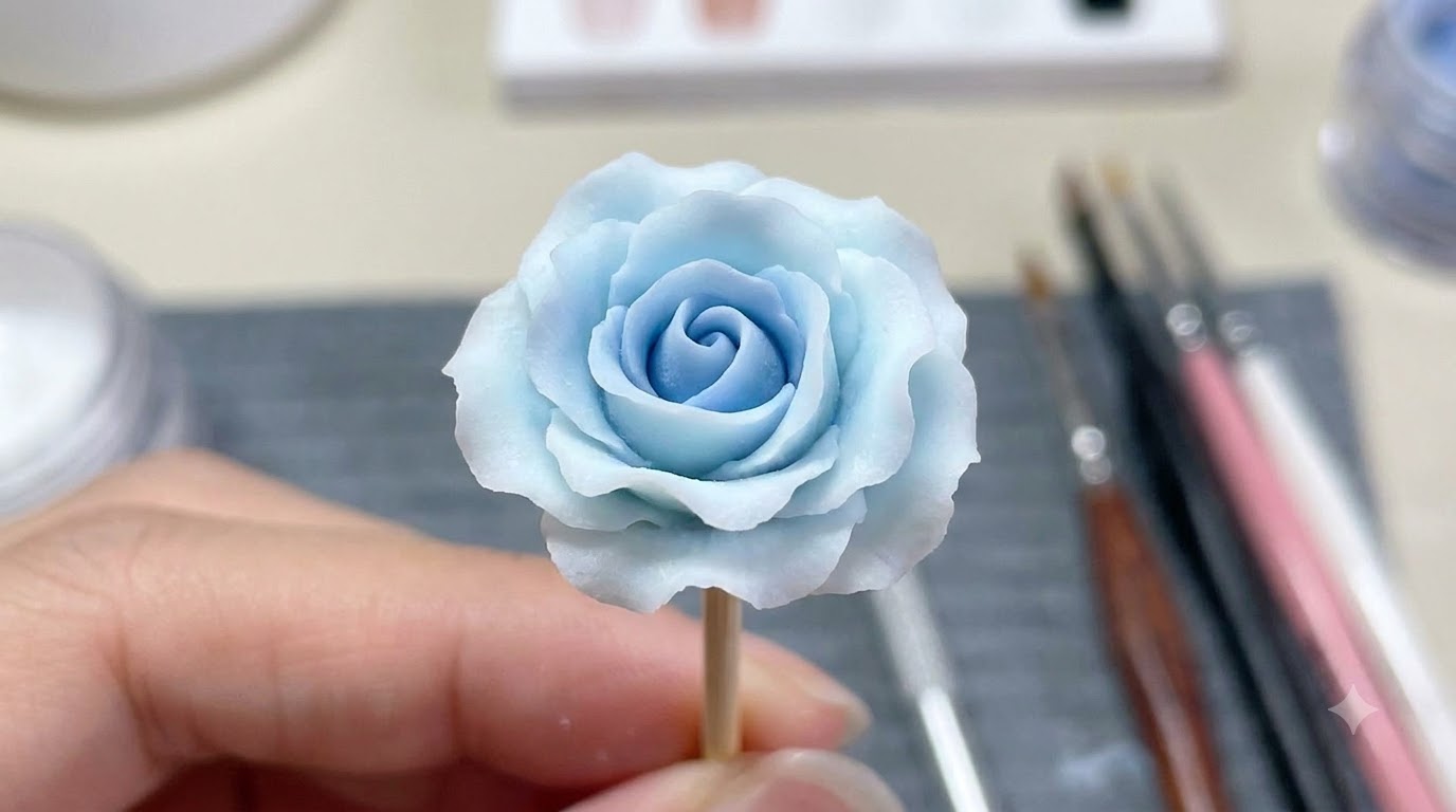 Nail Art Rose Bleue Dégradée Sculptée en 3D — Tutoriel Étape par Étape