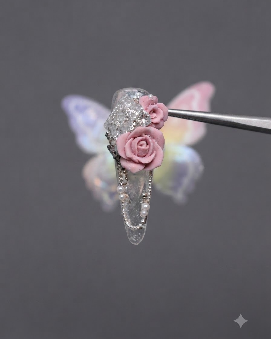 Gros plan dun ongle dentraînement transparent où une goutte de colle à strass est appliquée à côté dune base de strass étincelante à laide dun applicateur de précision.