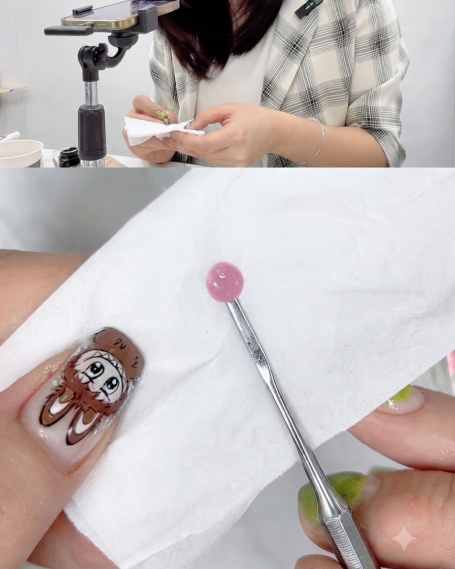 Un mouchoir en papier utilisé pour absorber lexcès de liquide dune boule de gel rose reposant sur un outil.