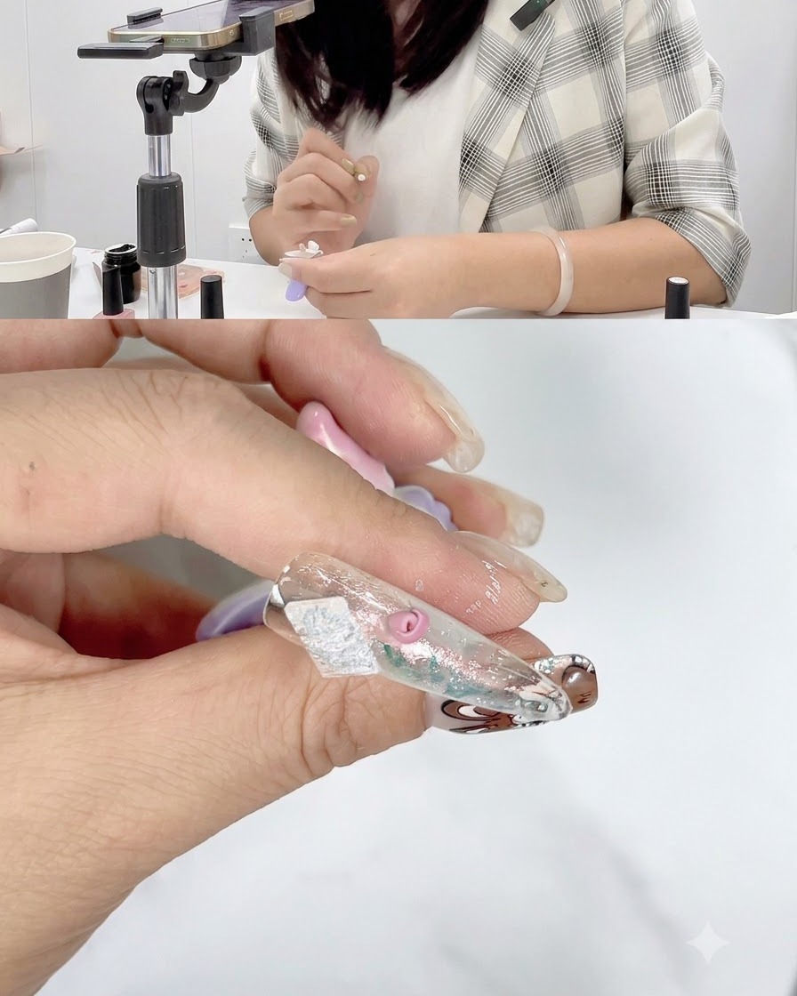 Gros plan dun ongle avec des pétales de rose partiellement complétés en train de catalyser sous une lampe à ongles.