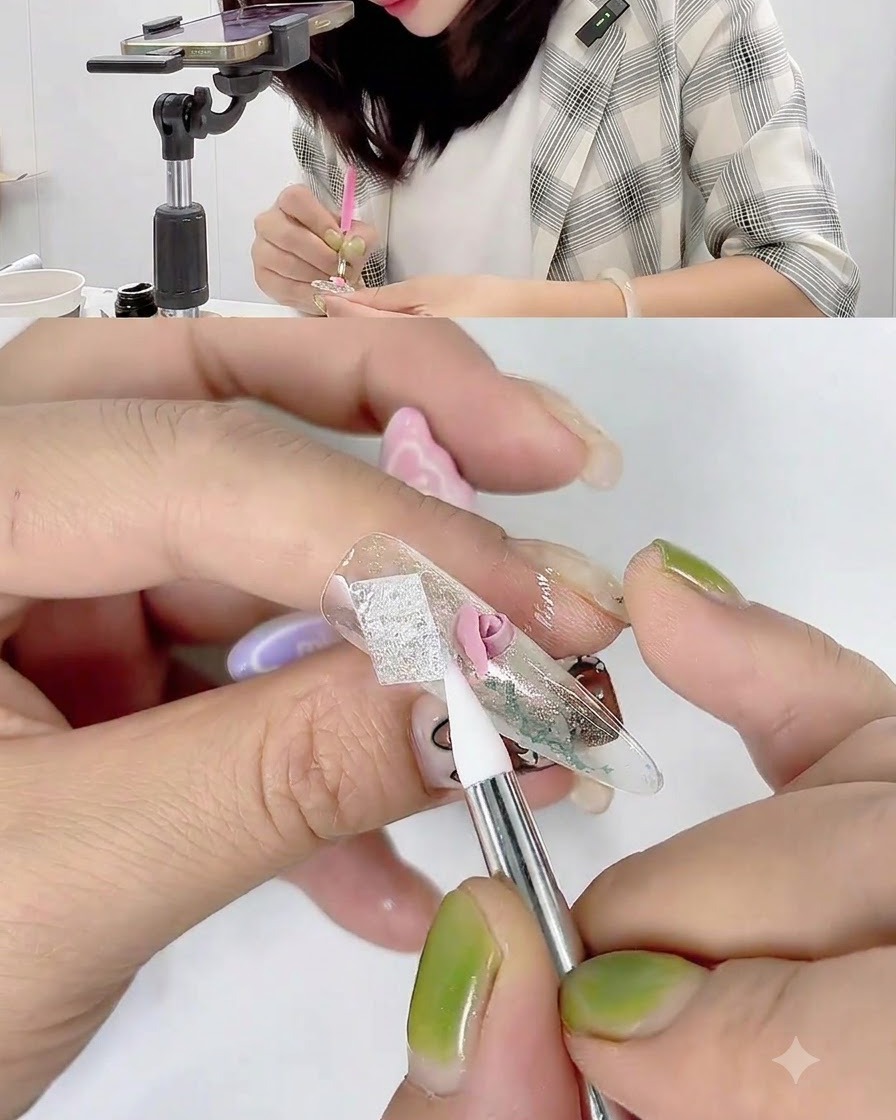 Un stylo de sculpture en silicone façonnant et tirant vers larrière les bords dun pétale de gel rose sur un ongle.