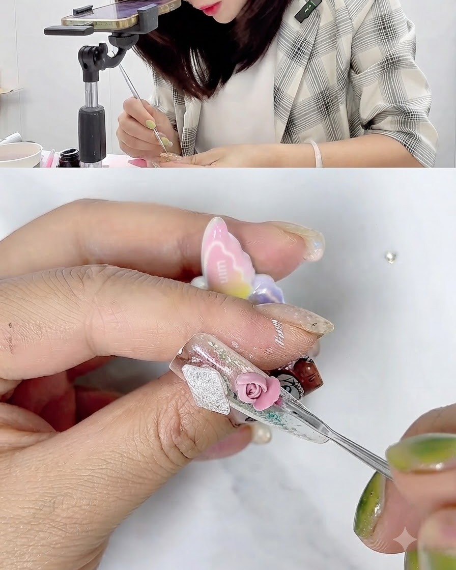 Un outil de détail fin ajustant et évasant un pétale de gel de modelage rose sur la surface dun ongle.