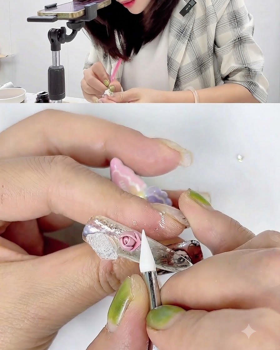 Vue en gros plan dun outil en silicone enroulant et lissant une rose en gel 3D rose.