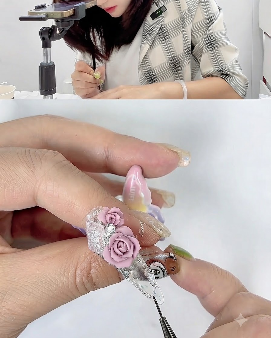 Un ongle terminé présentant deux roses roses 3D sculptées disposées côte à côte avec des accents de strass.