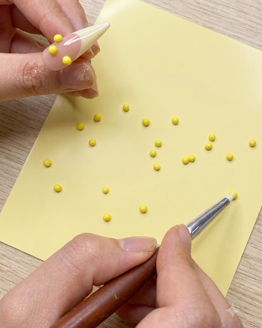 Cinq petites boules de gel jaune disposées en cercle sur une capsule dentraînement.