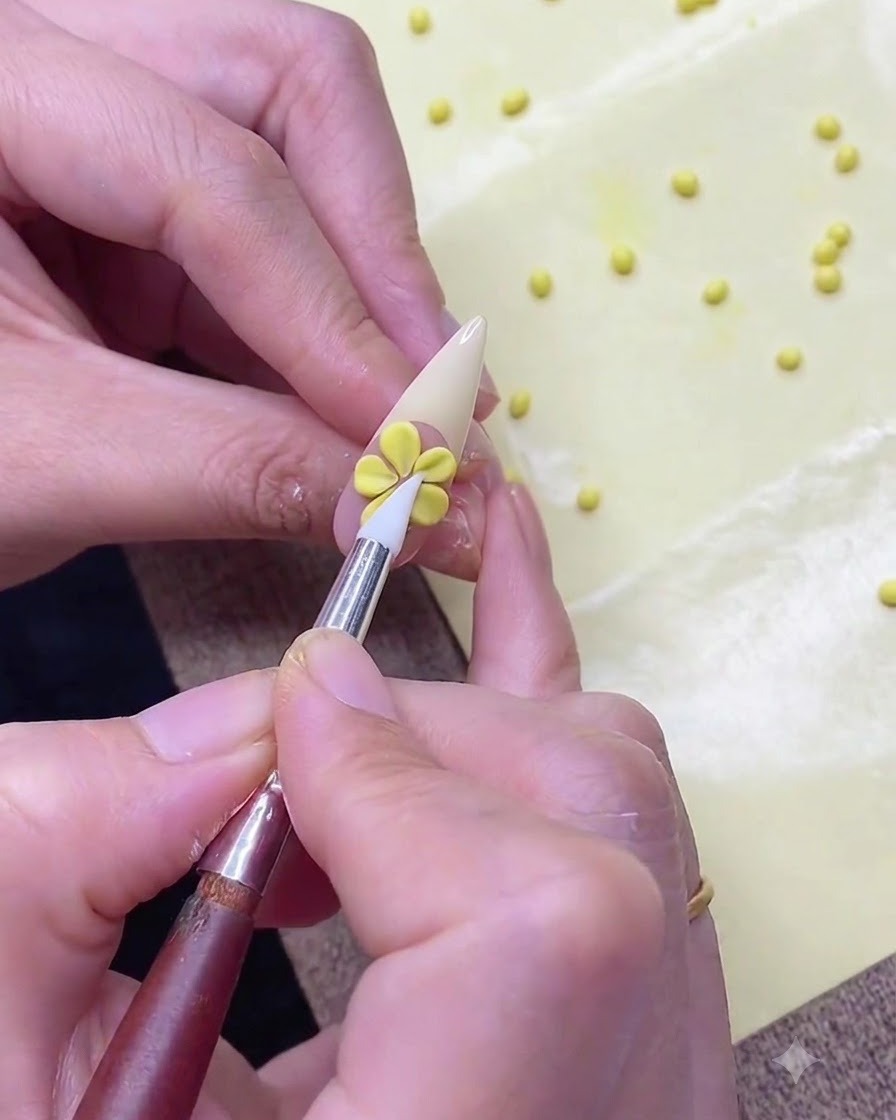 Vue rapprochée dun outil en silicone affinant le centre dune fleur jaune en 3D terminée sur un ongle.