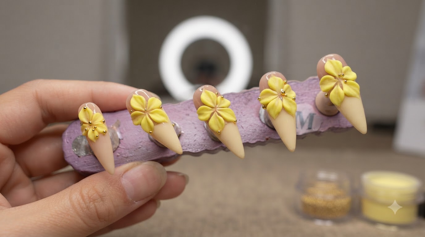Un présentoir en bois violet mettant en valeur des capsules avec un nail art floral jaune en 3D et de minuscules perles dorées.