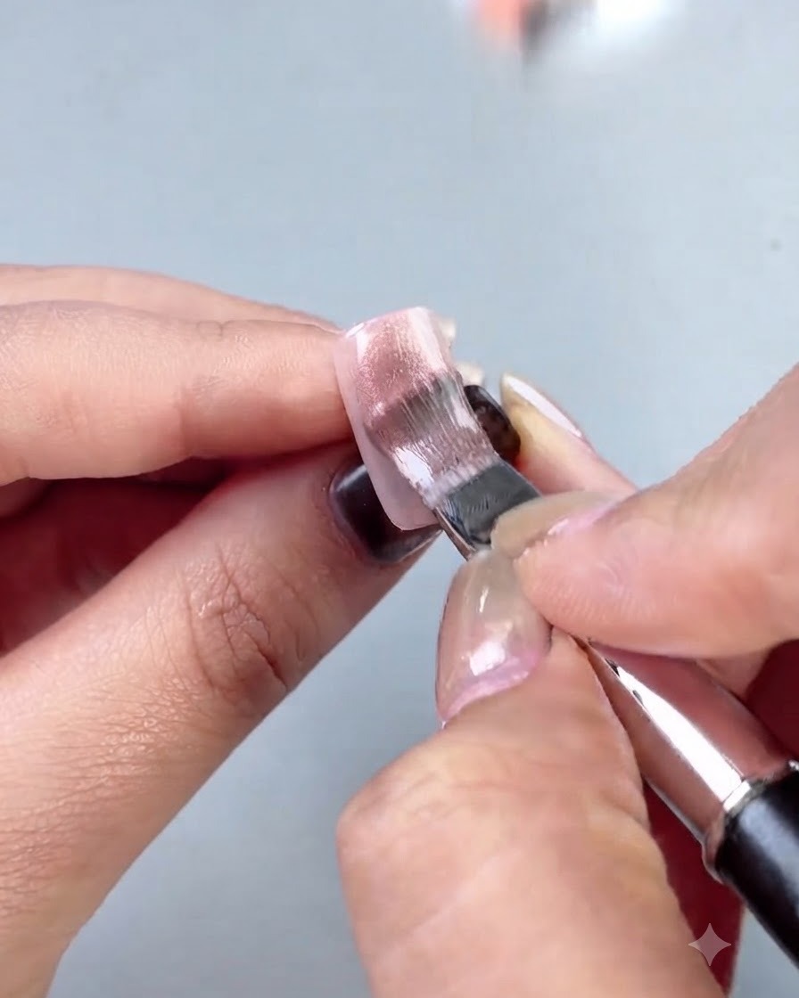 Un pinceau étalant un gel translucide transparent comme leau uniformément sur longle.